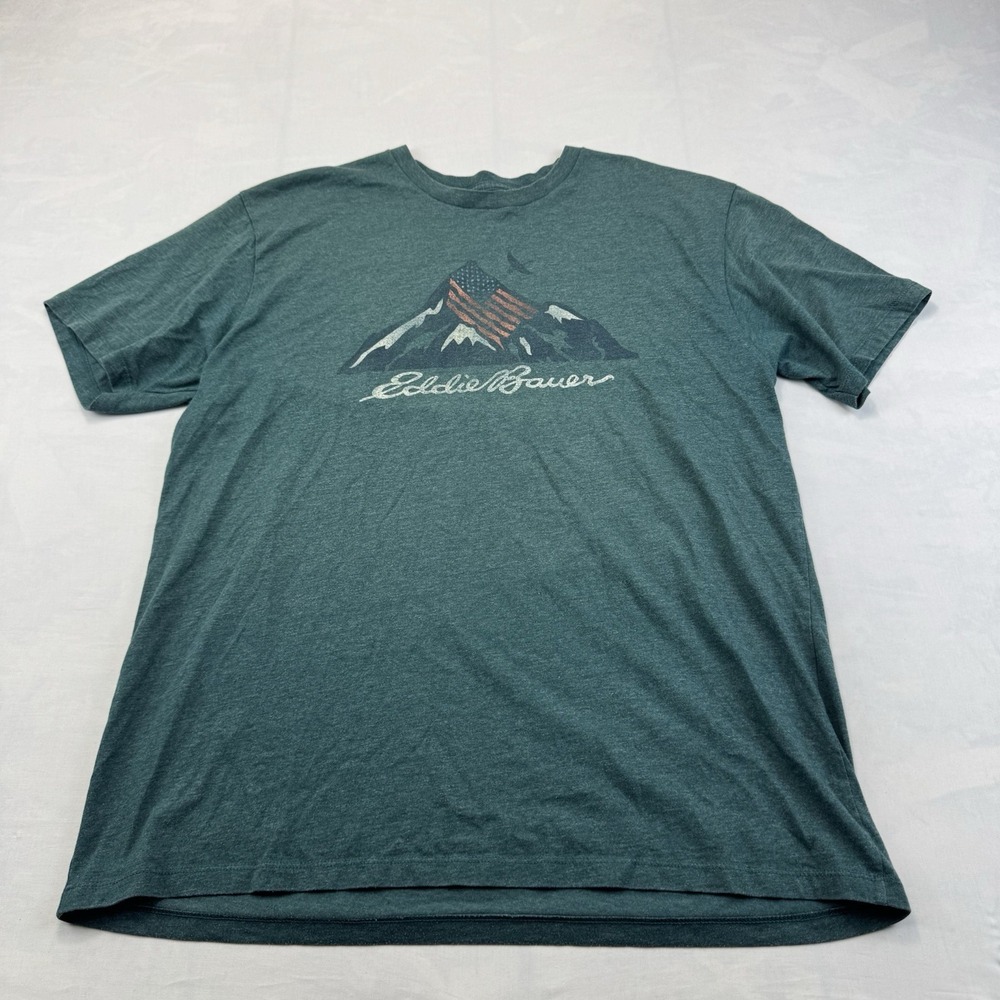Eddie Bauer Mens L Green Mountain Flag Graphic Cotton Blend T-Shirt
